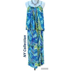 NY Collection SZ L Lime Green/Aqua Blue ￼ Strappy Maxi Ruffled Dress